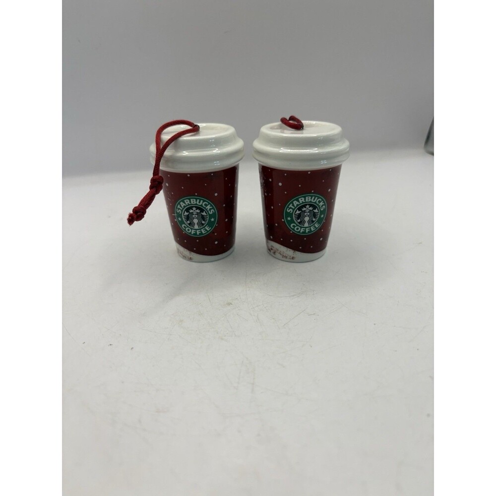 Starbucks2 Coffee Christmas Ornament 2007 Ceramic Hot Mini To Go Cup Red Holiday